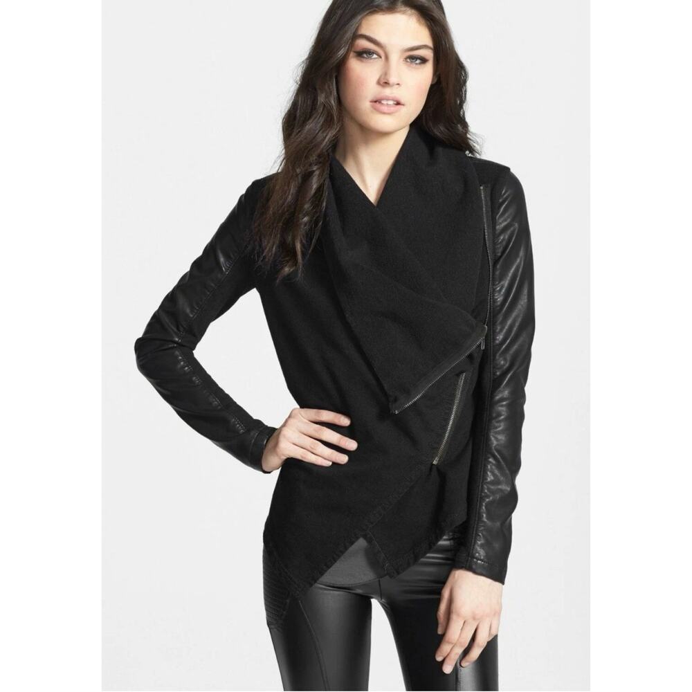 BLANKNYC Private Practice Mixed Media Black Drape Front Asymmetrical Jacket Sz S